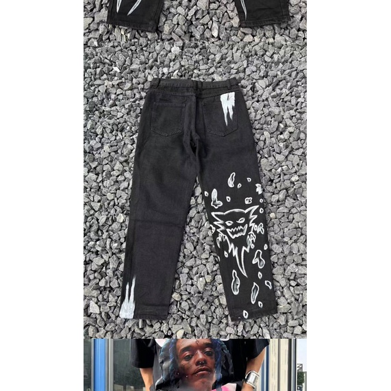 Graffiti Skull Personality Printed Jeans Men and Women New Ins Street Trend Hip Hop Straight Loose Pants GXnC