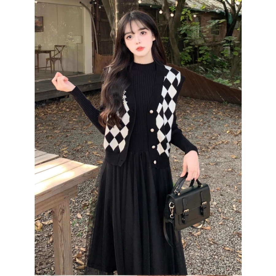 Set Áo Len Không Tay Phối Chân Váy Lưới Thời Trang Thu Đông Hàng Mới 2023 Dành Cho Bạn Nữ