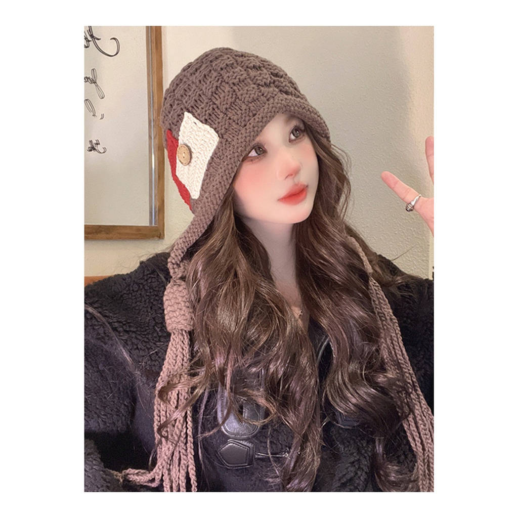 Mũ Len Dệt Kim Đính Nút Phối Tua Rua Phong Cách Trung Hoa Thời Trang Thu Đông Cho Nữ