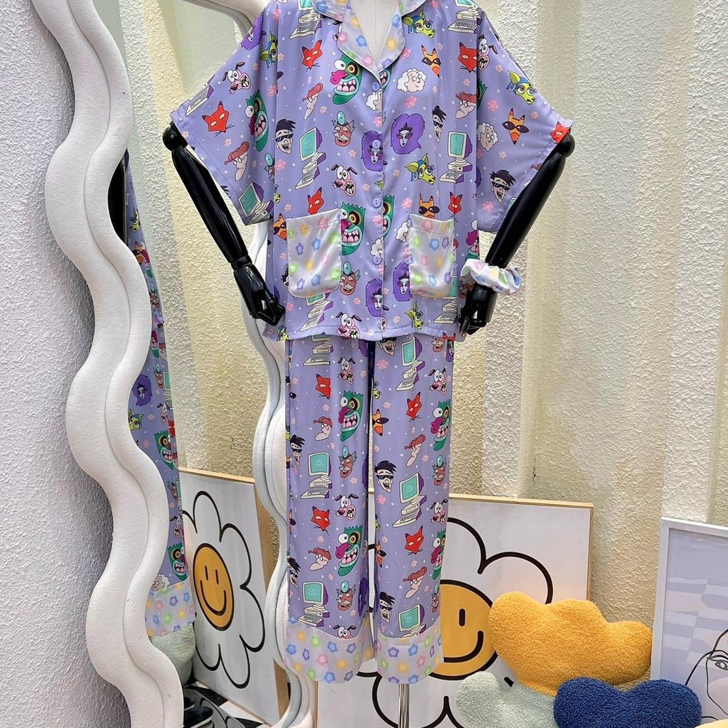 Bộ Pijama Monybear quần dài , áo tay dơi in hình chú chó nhút nhát nền tím phối túi kèm cột tóc - HN1588