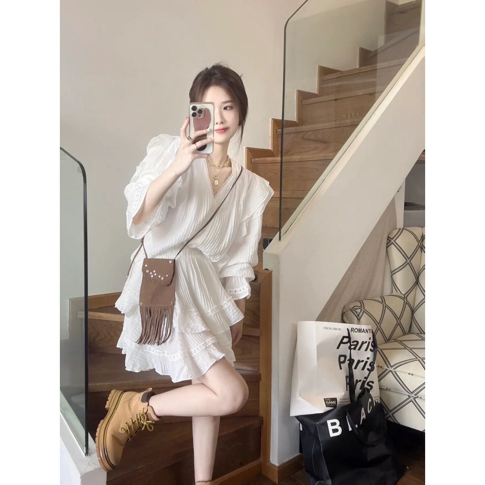 Set gân đũi bèo viền ren kèm chân váy xoè tầng có lót - Calina.vn - Set6837