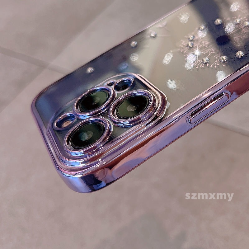 Ôp Điện Thoại tpu Dẻo Trong Suốt Mạ Điện Họa Tiết Hoa Bồ Công Anh Tím Cho iphone 15 14 plus 13 12 11 pro max Ốp