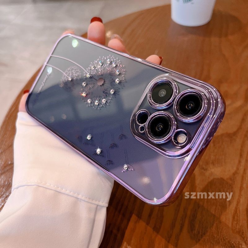 Ôp Điện Thoại tpu Dẻo Trong Suốt Mạ Điện Họa Tiết Hoa Bồ Công Anh Tím Cho iphone 15 14 plus 13 12 11 pro max Ốp