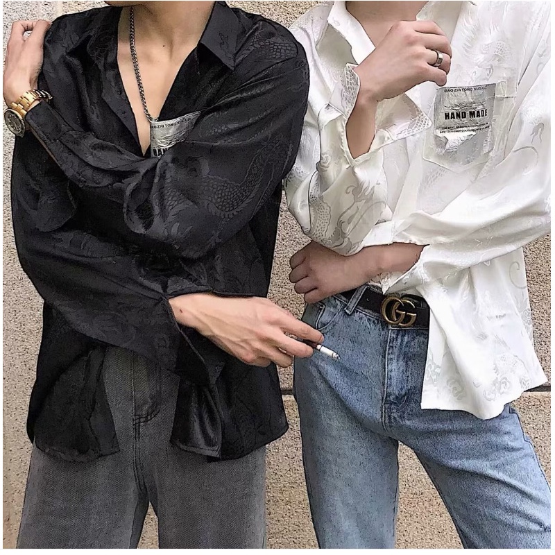 Áo Sơ Mi Dáng Rộng Thêu Hình Rồng Phong Cách retro Đơn Giản Cho Nam