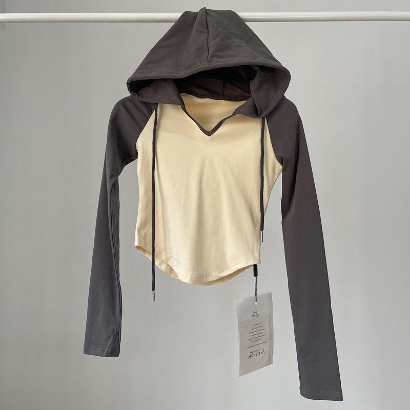 Áo hoodie lửng ENLEE tay dài cổ chữ v ôm dáng co giãn phối màu tương phản phong cách mỹ cho nữ