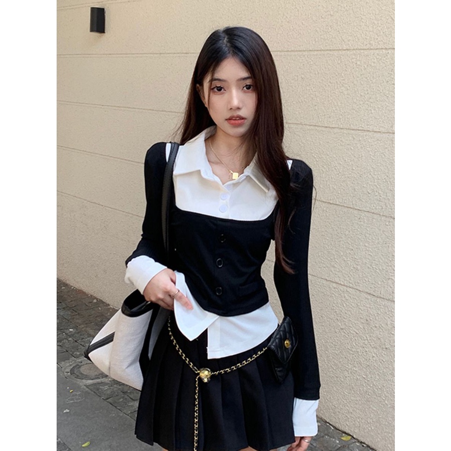Áo Sơ Mi Ngắn Tay Dài Giả Hai Lớp Màu Sắc Tương Phản Phong Cách Pháp Thời Trang Xuân Thu Cho Nữ