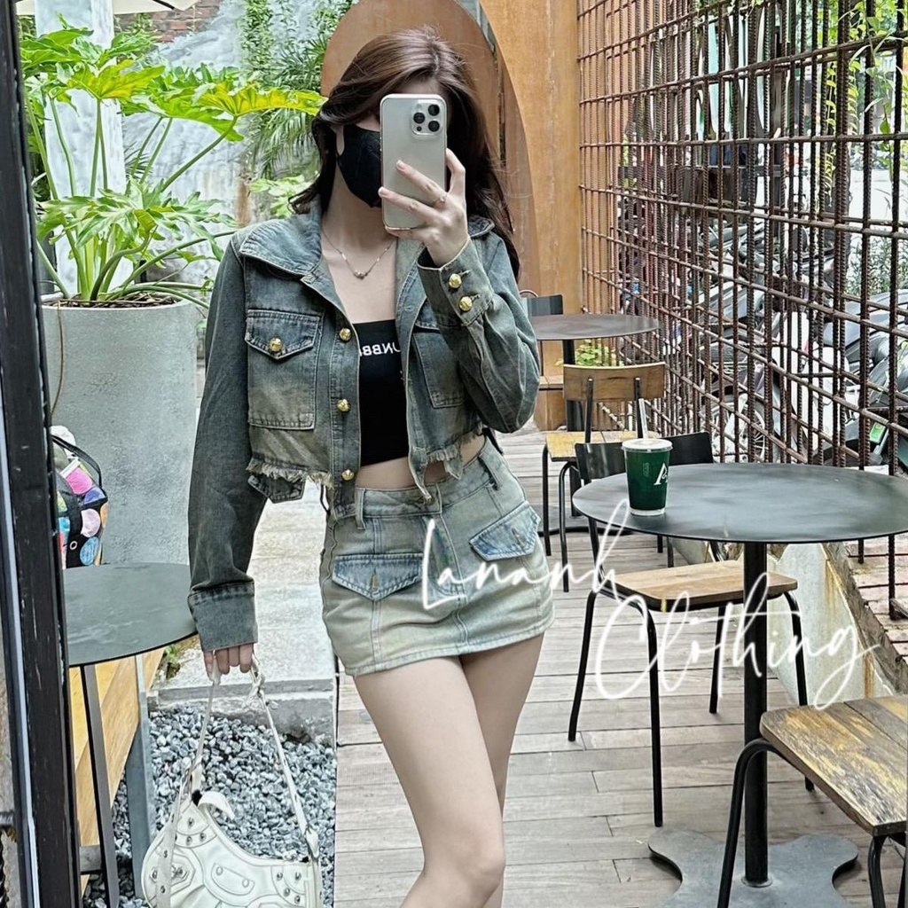 Áo khoác jean croptop QC phối rách màu xanh rêu - 77010 Ảnh thật shop chụp