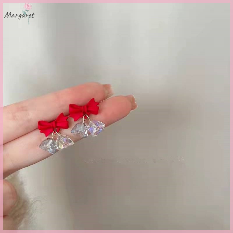 Bông Tai Pha Lê Nơ Đỏ Giáng Sinh Cao Cấp Thời Trang Thu Đông Mới