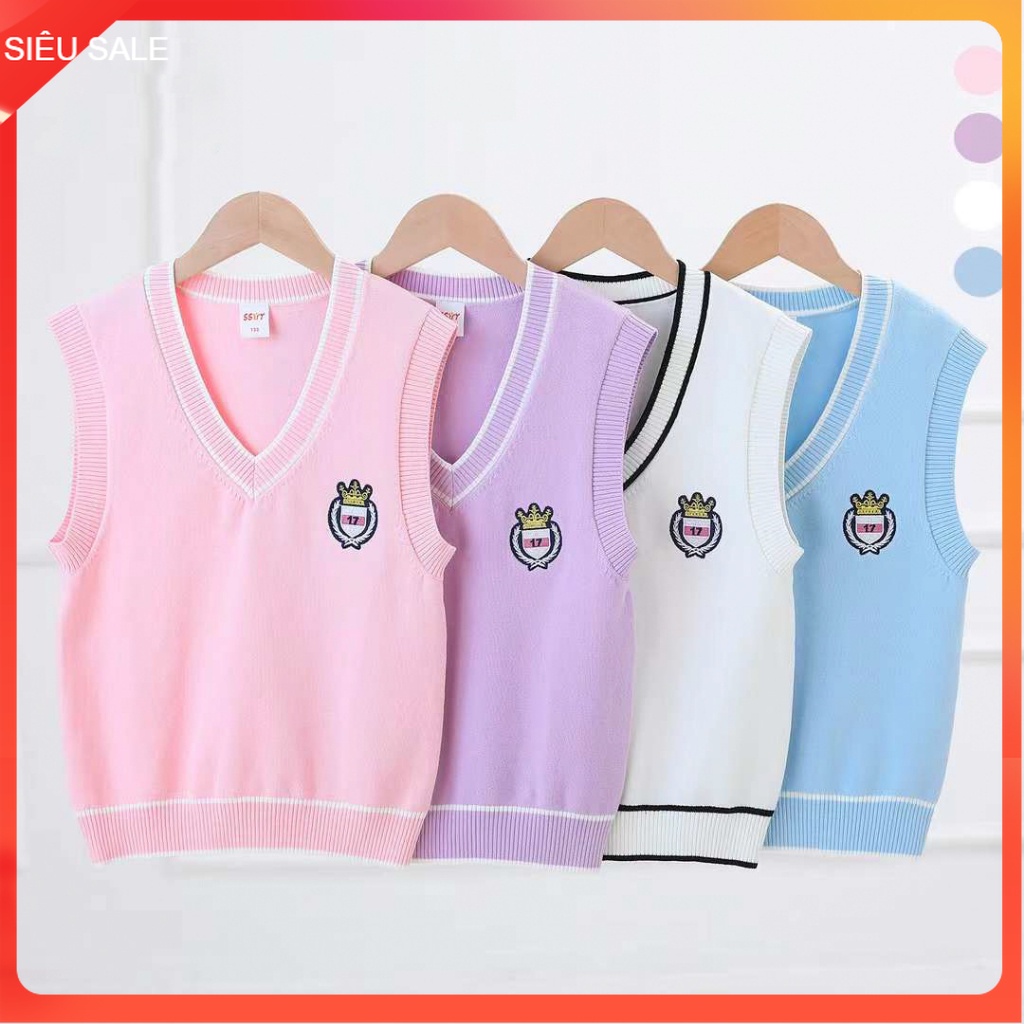 Áo ghi lê len bé gái size đại 8-16 tuổi cổ tim viền kẻ thêu thỏ, Áo gile cho bé đanh sợi không bai xù dáng thời trang