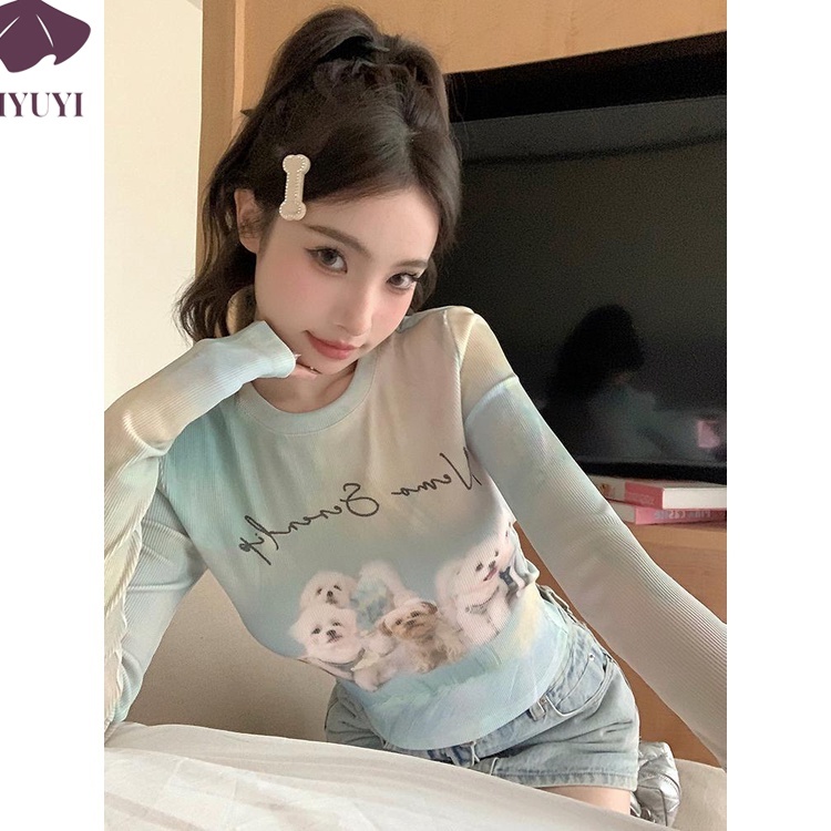 XIYUYI Áo Thun Croptop Phong Cách Hàn Quốc Xinh Xắn Cho Nữ Thời Trang