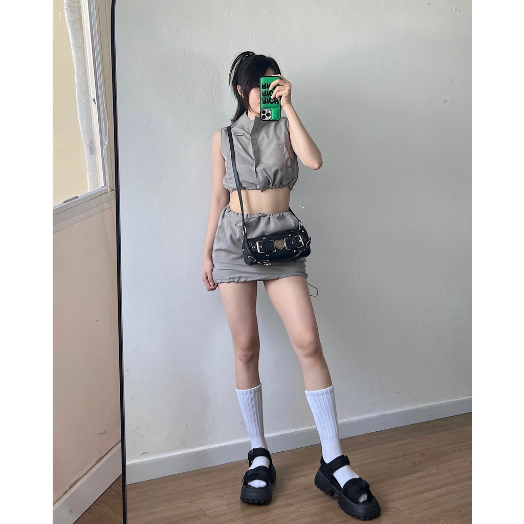 SET váy áo sát nách dù XÁM thắt dây