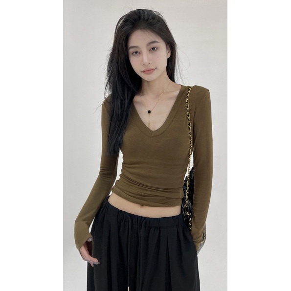 Áo Thun cotton Mỏng Tay Dài Cổ Chữ v Thời Trang Mùa Thu Phong Cách Mới Dành Cho Nữ
