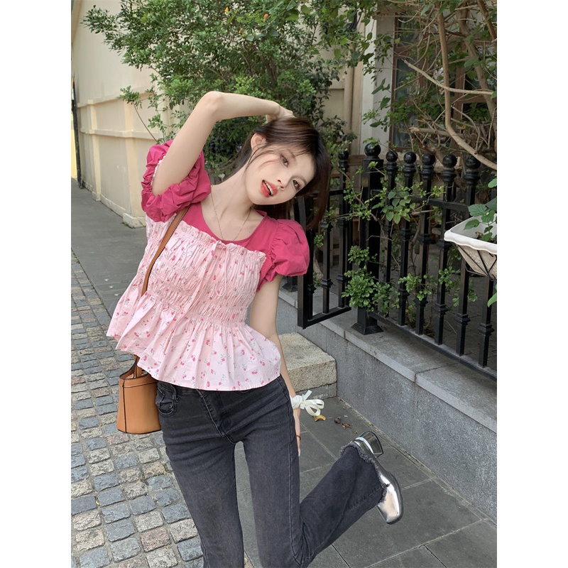 Áo Kiểu Tay Phồng Ngắn Ôm Eo Màu Sắc Tương Phản Ngọt Ngào Thời Trang Cho Nữ