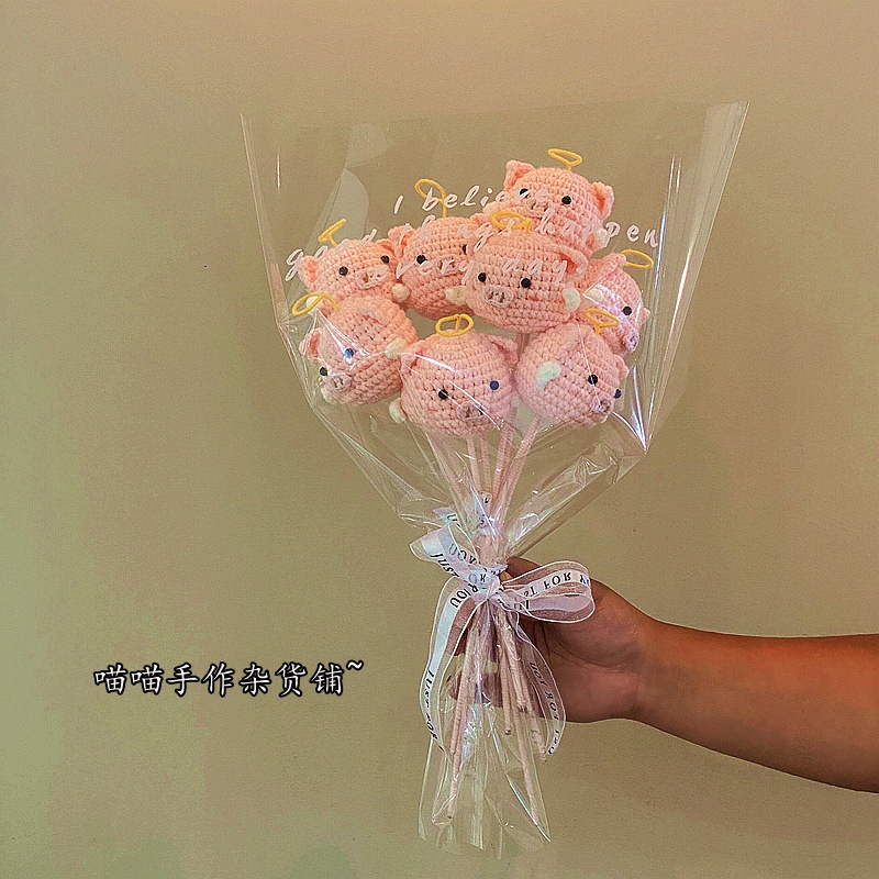 Bó Hoa Đan Len Thủ Công Hình Chú Heo Thiên Thần Dễ Thương Dùng Làm Quà Tặng Cho Bạn Gái