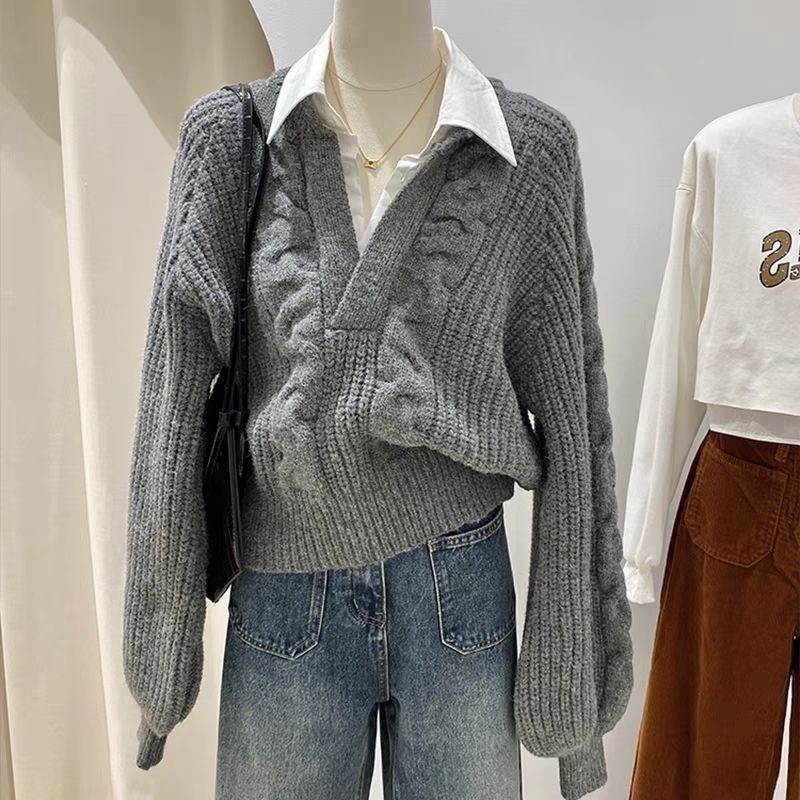 Áo sweater Giả Hai Lớp Cổ polo Dáng Ôm Phong Cách Thời Trang Pháp
