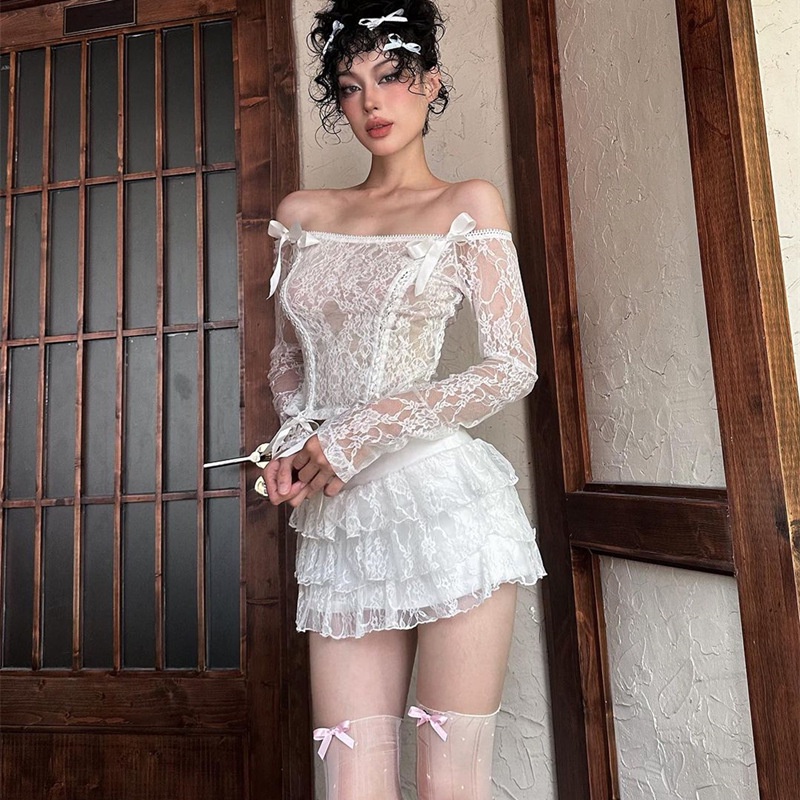 Bộ Áo Tay Dài Phối Ren + Chân Váy Thời Trang Quyến Rũ Cho Nữ 2023