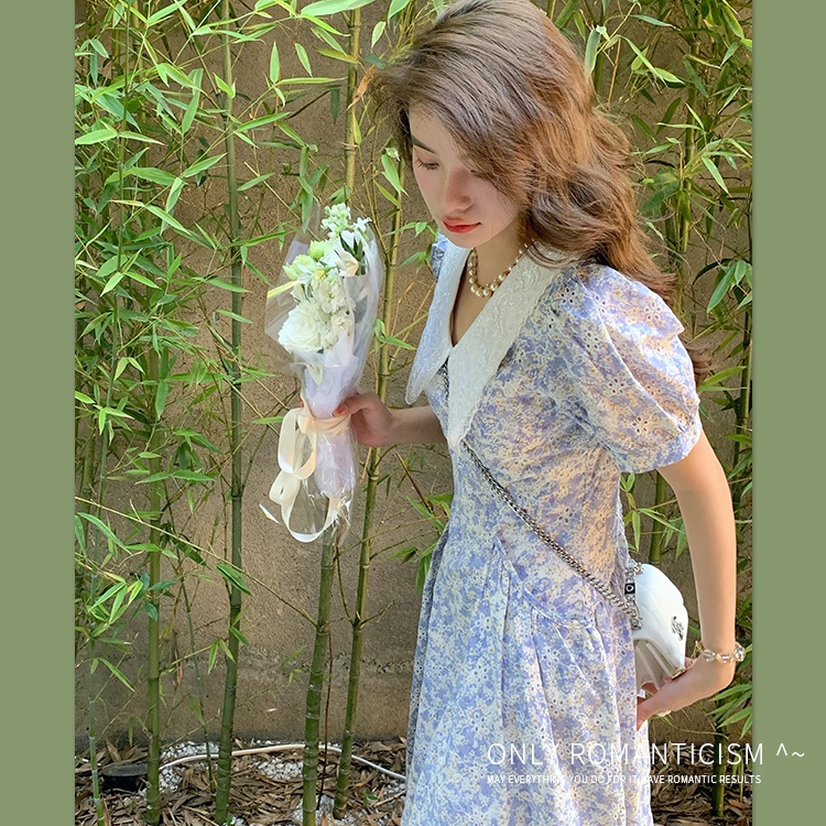Đầm Hoa Cổ peter pan Ôm Eo Thời Trang Mùa Hè Pháp