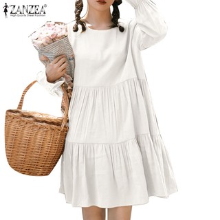 Zanzea Đầm Cổ Tròn Tay Dài Phong Cách Hàn Quốc Dành Cho Nữ