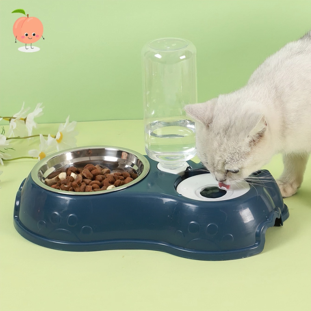 Bát ăn đôi inox kèm bình nước cho chó mèo PEACH