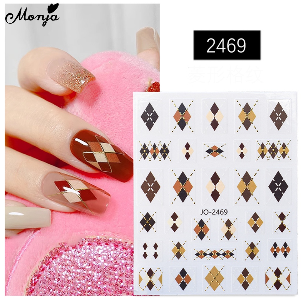 Monja Nhãn Dán Trang Trí Móng Tay Tự Dính Họa Tiết Kẻ Sọc Hình Thoi Mùa Thu Đông diy