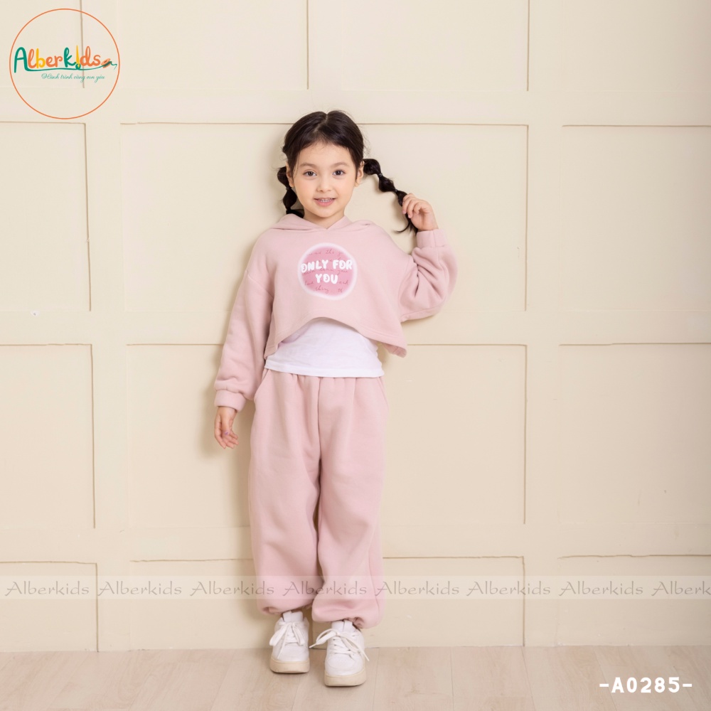 Bộ đồ nỉ Croptop bé gái ALBERKIDS màu hồng xinh xắn cho trẻ em 2,3,4,5,6,7,8,9,10,11,12 tuổi [A0285]