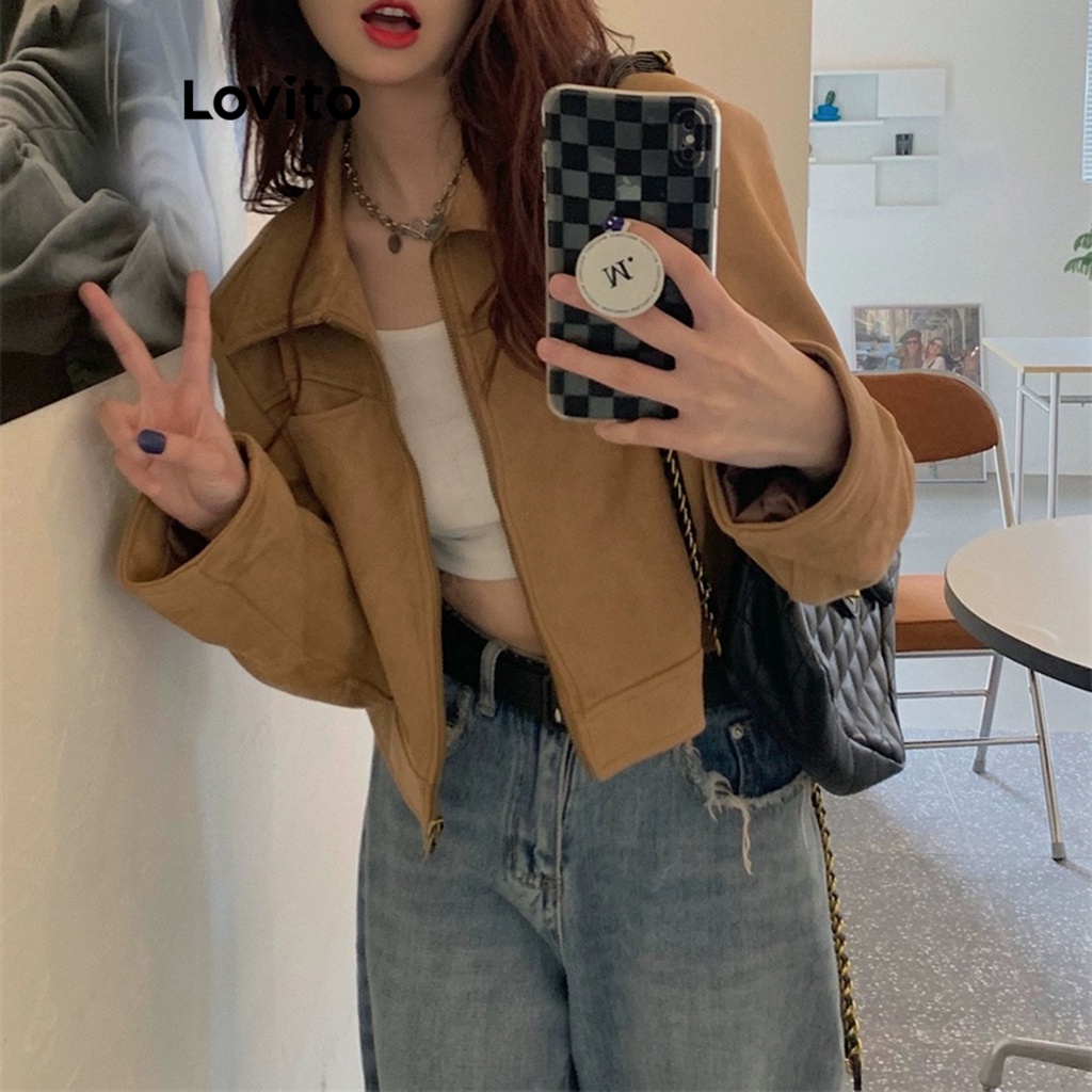 Lovito Áo khoác có túi dây kéo trơn thông thường cho nữ LNA29090