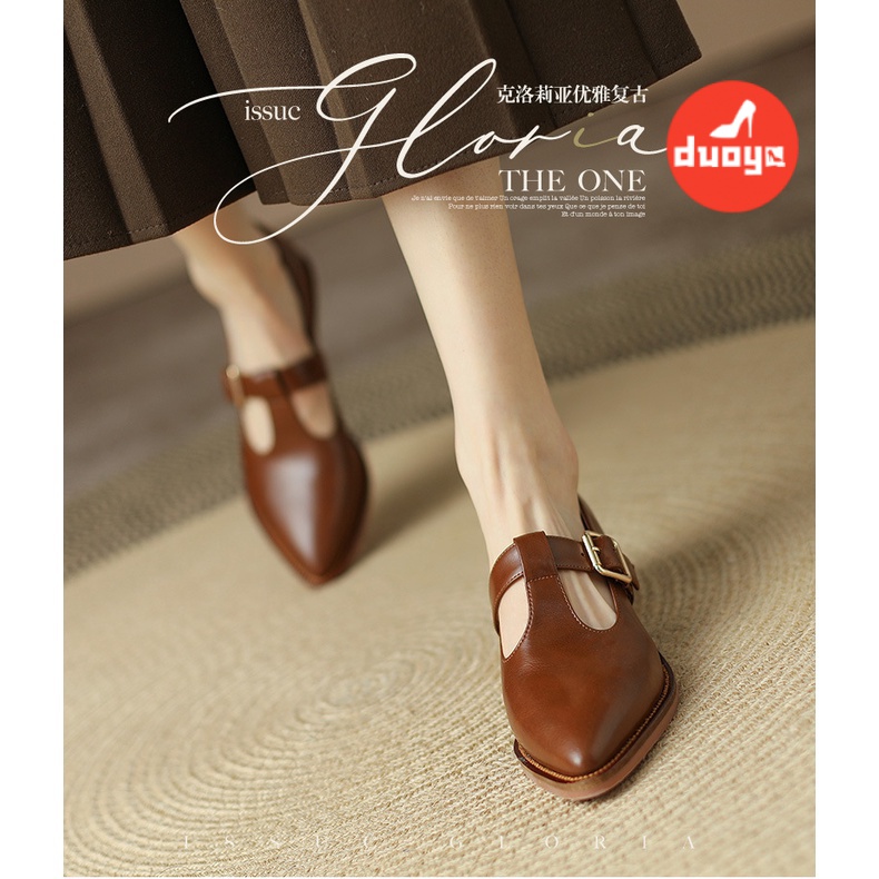 Nhà máy duoya tóc thẳng ~  thắt lưng khóa mũi nhọn giày mùa xuân hè da mềm anh giày da nhỏ gót dày gót giữa giày mary miễn phí vận chuyển