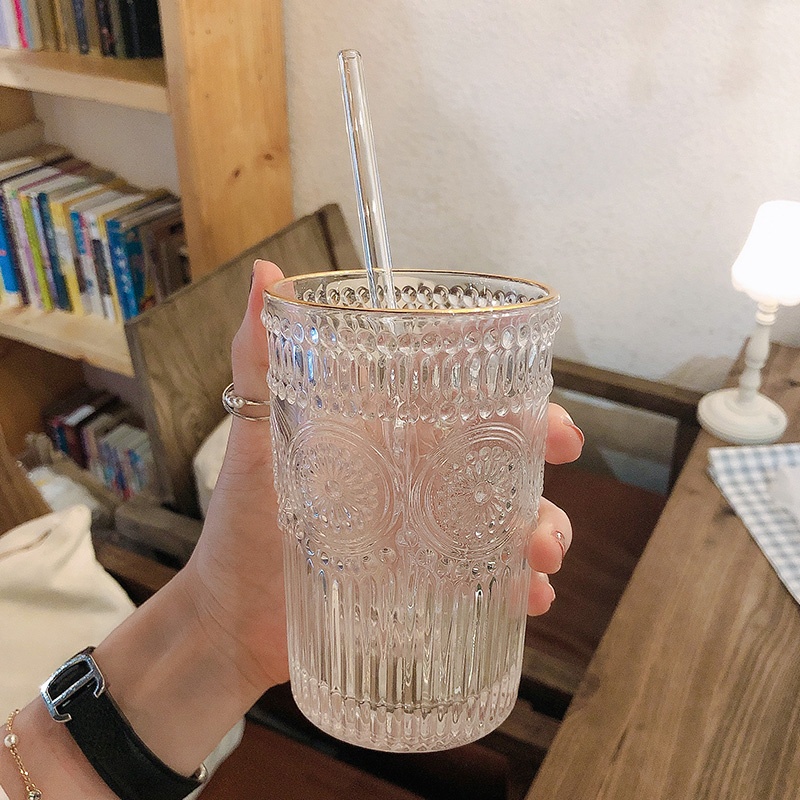 Cốc, ly thủy tinh decor trong suốt viền mạ vàng hình hoa hướng dương - ichi.life