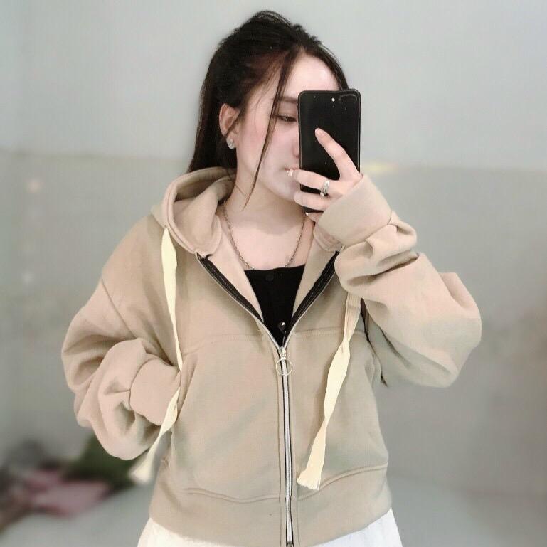 Áo khoác nữ lửng nỉ cotton nón rộng dây nón to