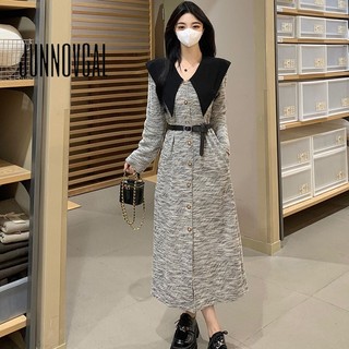 JUNNOVGAL Nữ Midi Đầm Retro Màu Sắc Tương Phản Phong Cách Mới Ôm Vừa Vặn Tay Dài Cổ Xuống