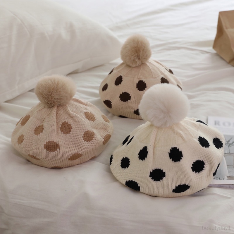 Mũ Nồi Dệt Kim Co Giãn Đính Quả Bông Dễ Thương Cho Bé Gái