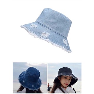  Mũ bucket jean phong cách cá tính nữ  - Nón vành tròn tua rua trơn rách cực chất thời trang nữ 