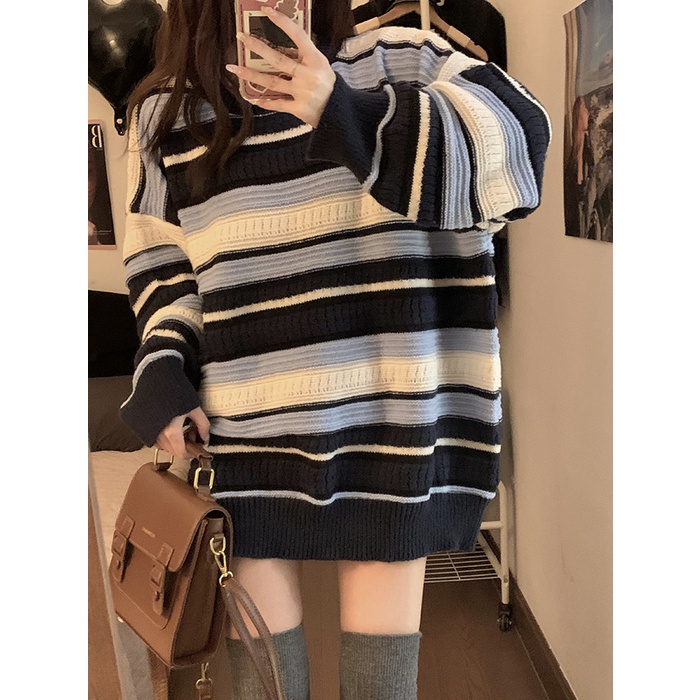 Áo Len Sáp Mềm Họa Tiết Kẻ Sọc Thời Trang Thu Đông Phong Cách retro Cho Nữ