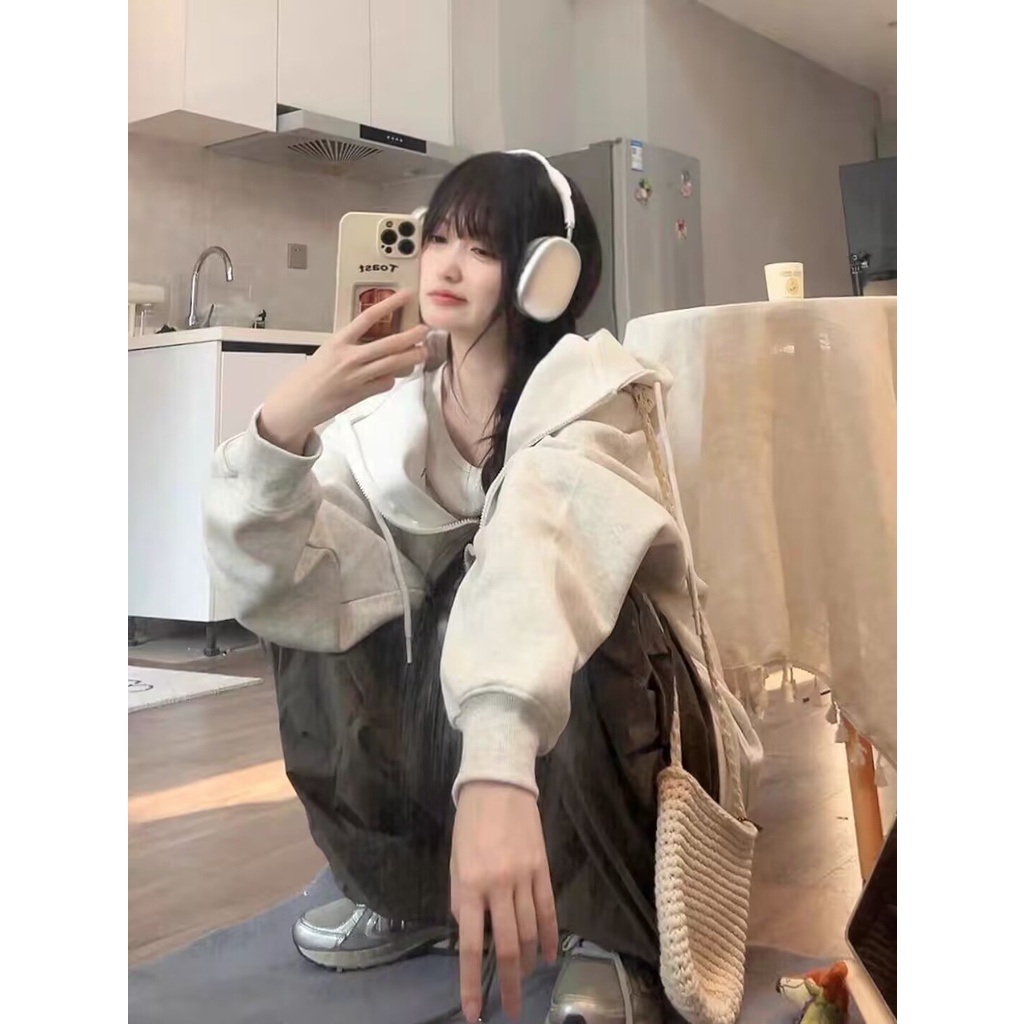 Áo Hoodie Tay Dài oversize Có Khóa Kéo Phong Cách Hàn Quốc Cho Nữ