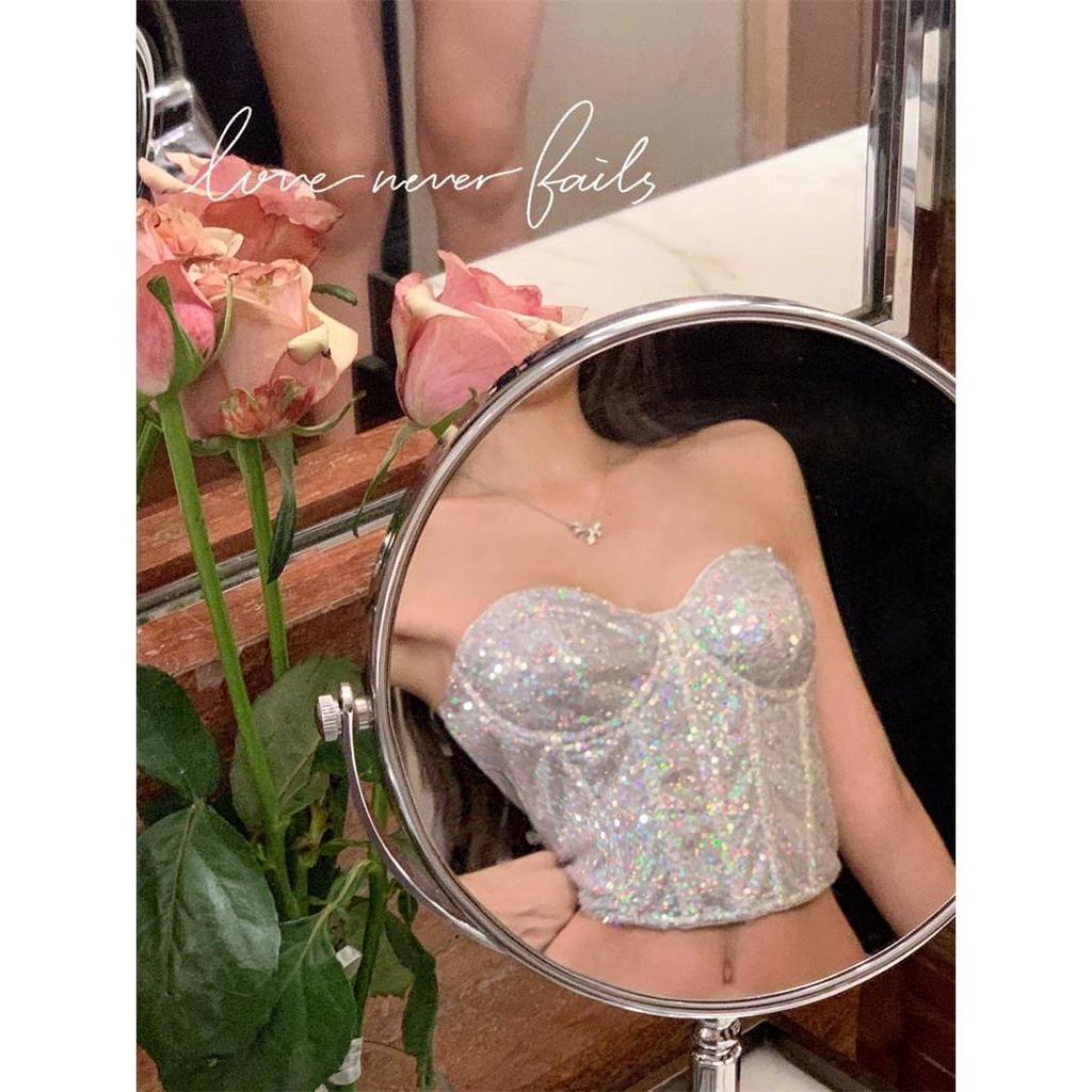 Phong Cách Âu Mỹ. Cô Gái Nóng Bỏng sexy. Áo corset Xương Cá Hạng Nặng Sequin. Áo Sát Nách Đính Kim Sa Lấp Lánh Phối Khóa Kéo Cá Tính