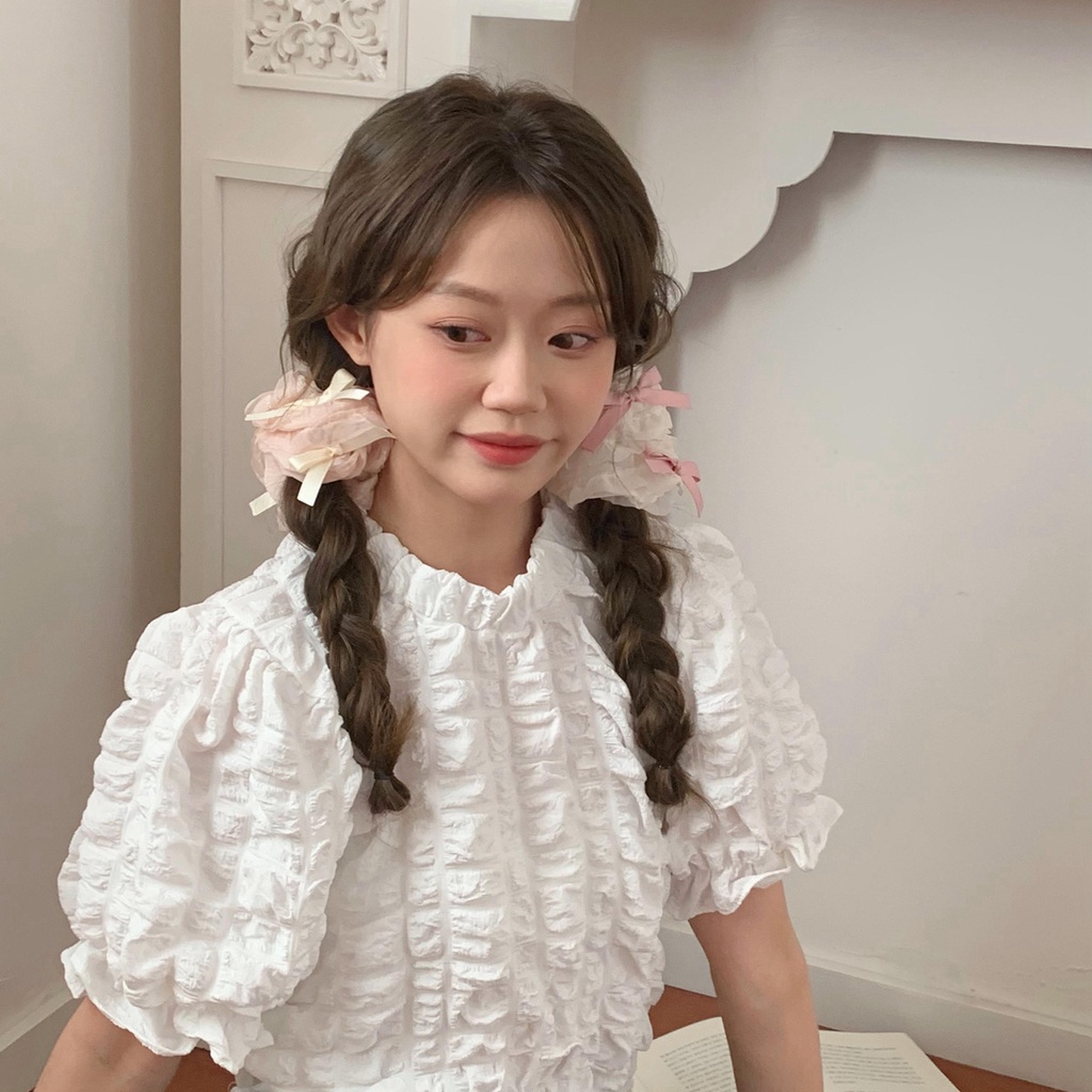 Cột tóc srunchies nơ ren bèo nhún hồng be ngọt ngào S06