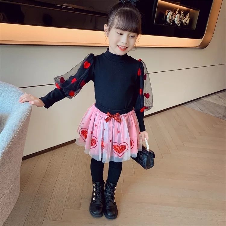 Áo Kiểu Tay Phồng Thêu Họa Tiết Trái Tim Thời Trang Xuân Thu Xinh Xắn Cho Bé Gái