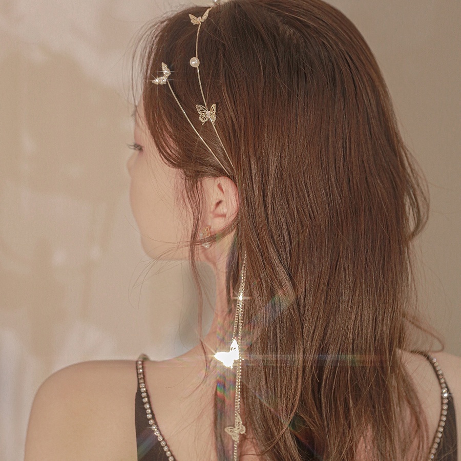 Băng Đô Cài Tóc Dây Xích Hình Bướm Bằng Hợp Kim Mỏng Đính Ngọc Trai & Kim Cương Kẹp Tóc