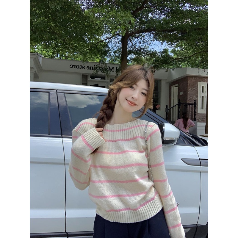 Zhainvchaoyi Áo sweater Dệt Kim Kẻ Sọc Thời Trang Đơn Giản Cho Nữ