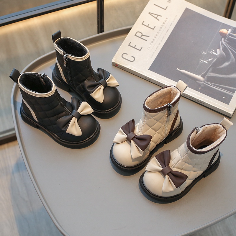 Rumphius Giày Bốt martin Bằng Da Đế Mềm Chống Trượt Đính Nơ Có Khóa Kéo Cho Bé Gái Cỡ 21-30