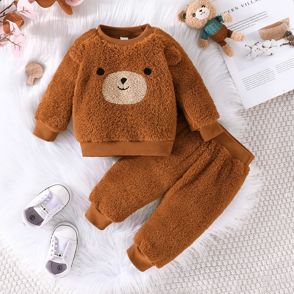 Combo bộ đồ bé trai gái 3-36 tháng In Hình Gấu Nâu Hoạt Hình dài tay áo phông quần dài Giữ Ấm set thời trang Mùa Đông cho bé trẻ em sơ sinh
