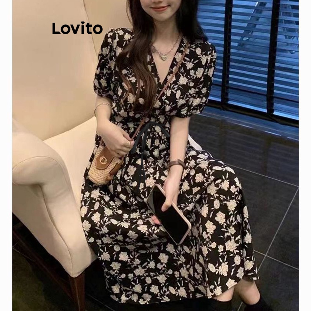 Lovito Váy hoa Ditsy thường ngày cho nữ LNE27258 (Đen)