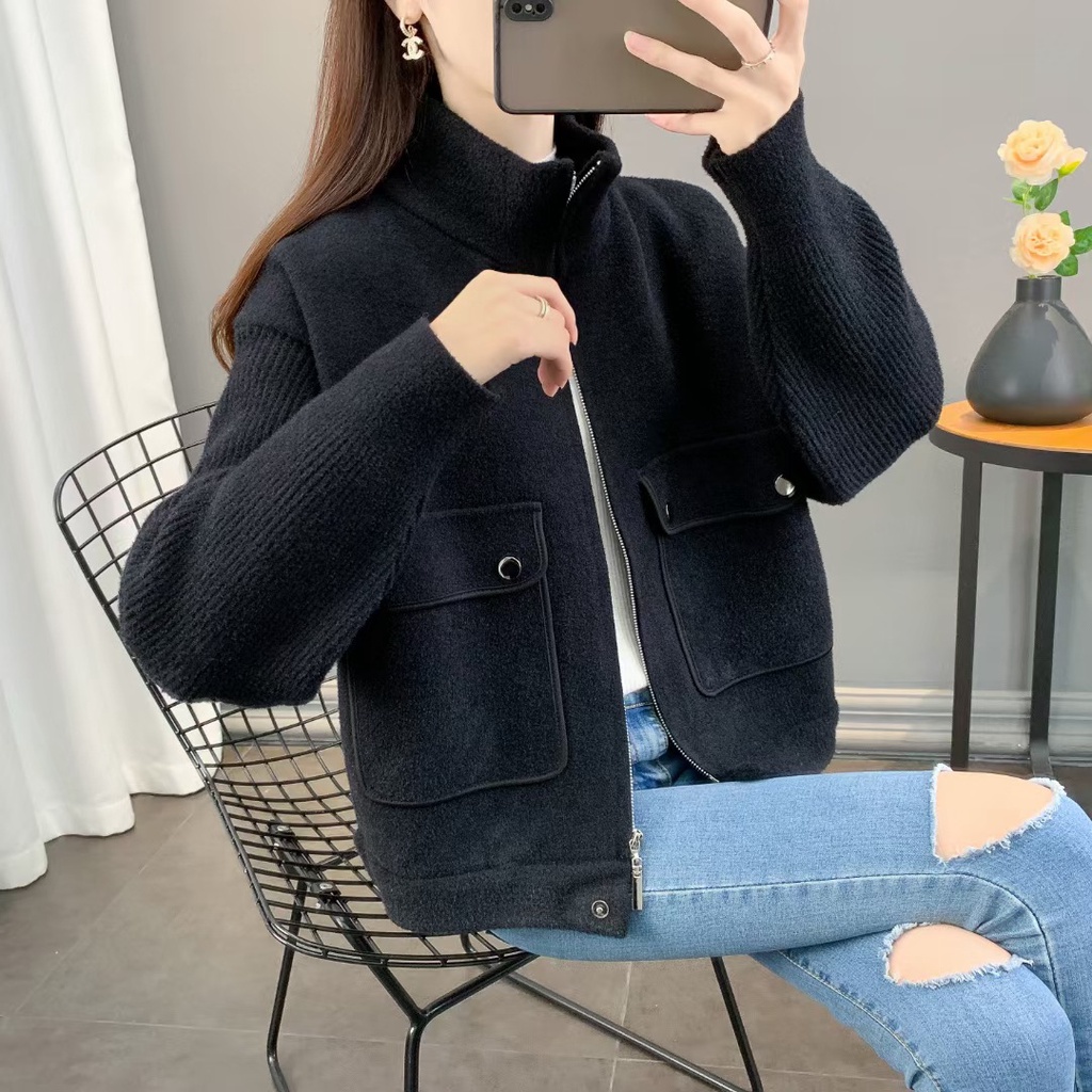 Áo Khoác Len Giả Hai Mặt Có Mũ Trùm Dáng Rộng Họa Tiết Sọc Caro Thời Trang Thu Đông Hàng Mới 2023