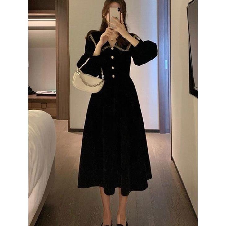 Váy Dài Liền Chất Nhung Màu Đen Lịch Lãm Thu Đông - Đầm Mặc Đi Chơi Đi Làm Công Sở Dài Tay V28