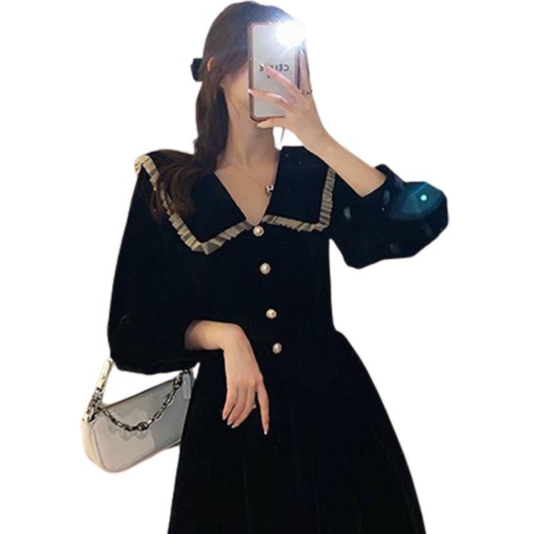 Váy Dài Liền Chất Nhung Màu Đen Lịch Lãm Thu Đông - Đầm Mặc Đi Chơi Đi Làm Công Sở Dài Tay V28