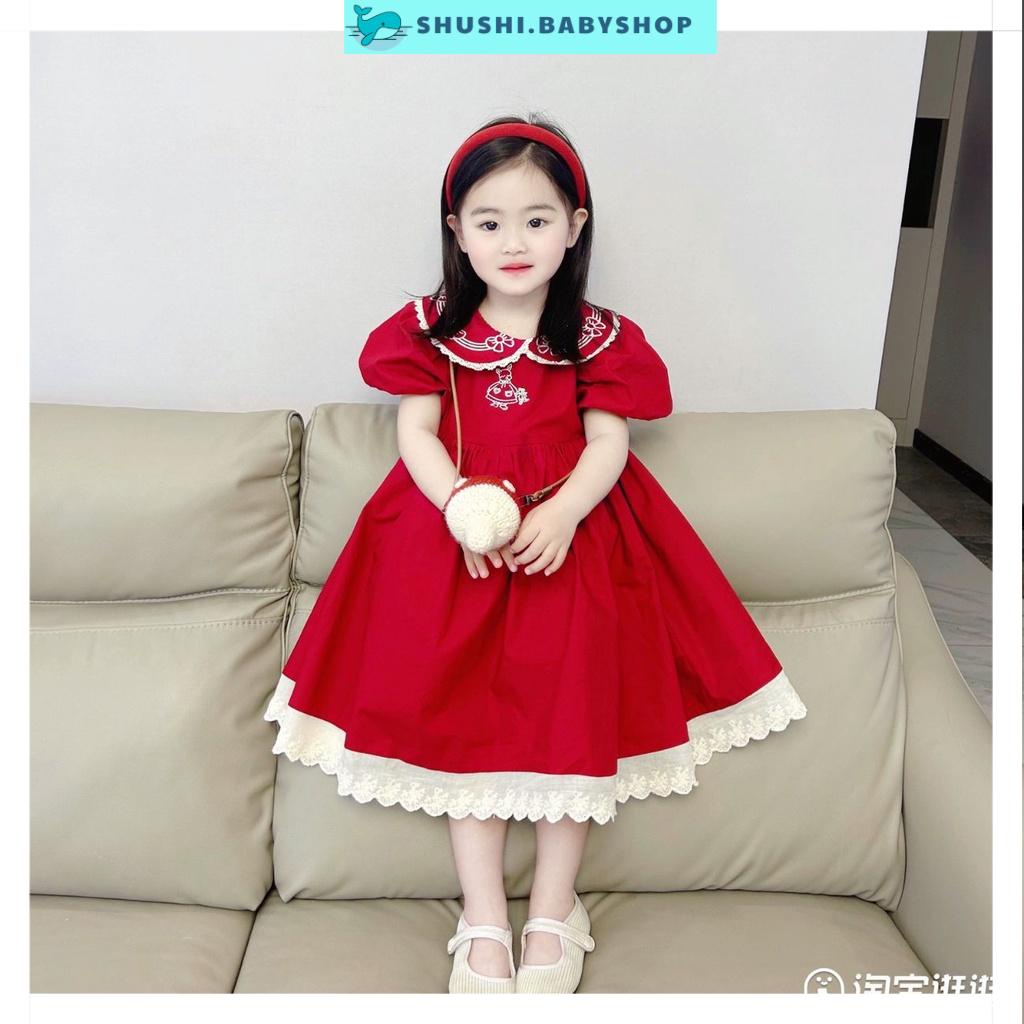 Váy babydoll màu đỏ cổ bèo thêu phối lai viền ren trắng Sofia size 1 tuổi đến 10 tuổi SHUSHI babyshop