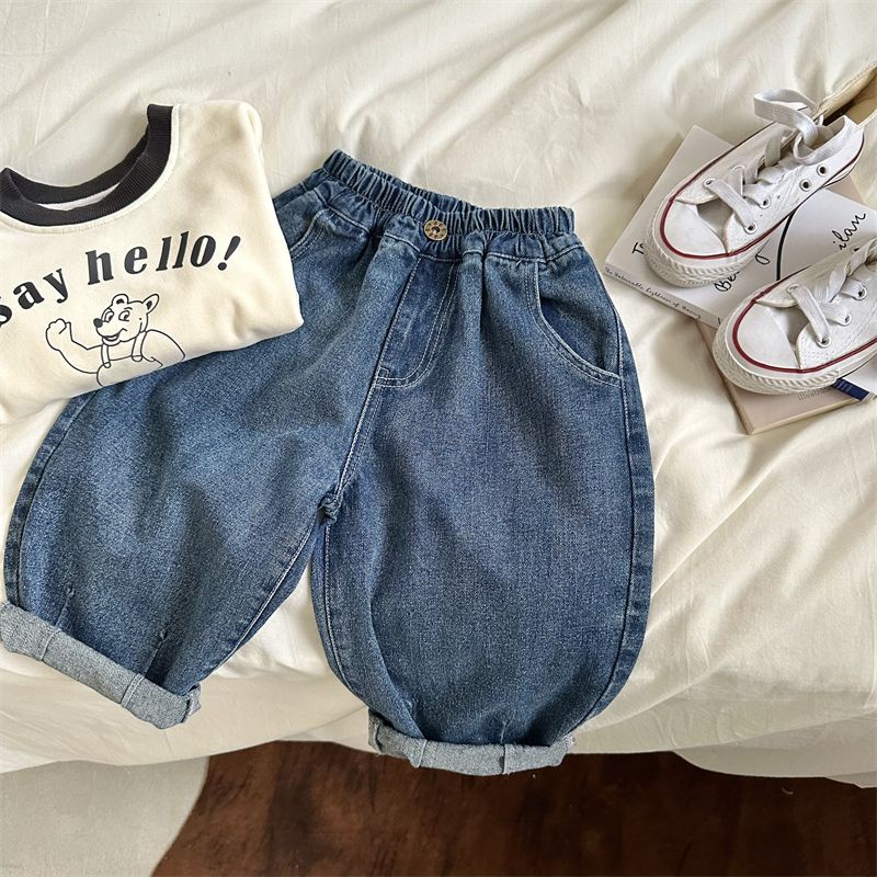 Quần Jean Dài Ống Rộng Màu Trơn Có Túi Lớn Mẫu Mới 2023 Dành Cho Bé Trai Bé Gái