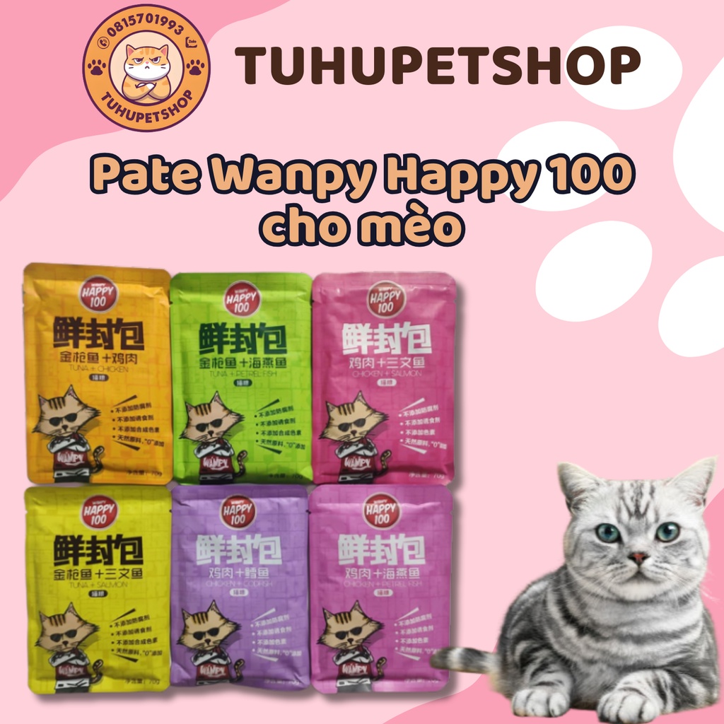 Pate Wanpy Happy 100 Gói 70gr dinh dưỡng cho mèo lớn mèo nhỏ mèo kén ăn - Tuhupetshop