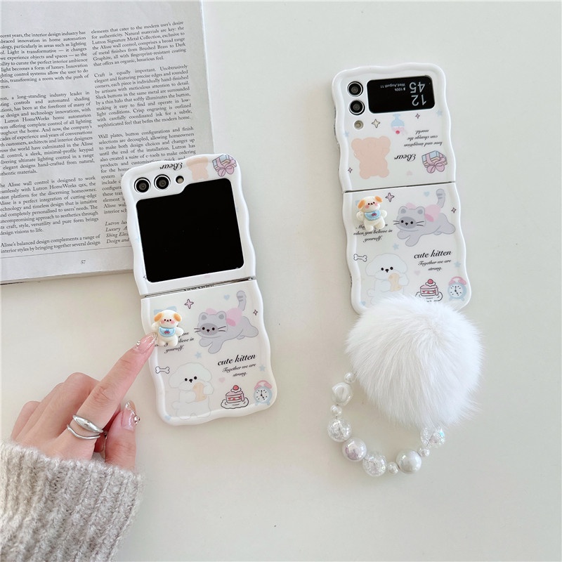 Ốp Điện Thoại imd Hình Mèo 3d Chống Sốc Gắn Dây Xích + Bóng Lông Cho samsung galaxy z flip 4 3 5 z flip5 zflip5
