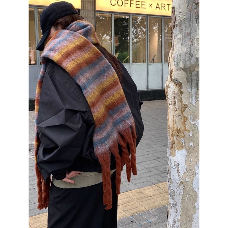 Khăn Choàng Cổ Dày Kẻ Sọc Màu Sắc Ấm Áp Dễ Phối Đồ Thời Trang Thu Đông Phong Cách Hàn Quốc Cho Nữ